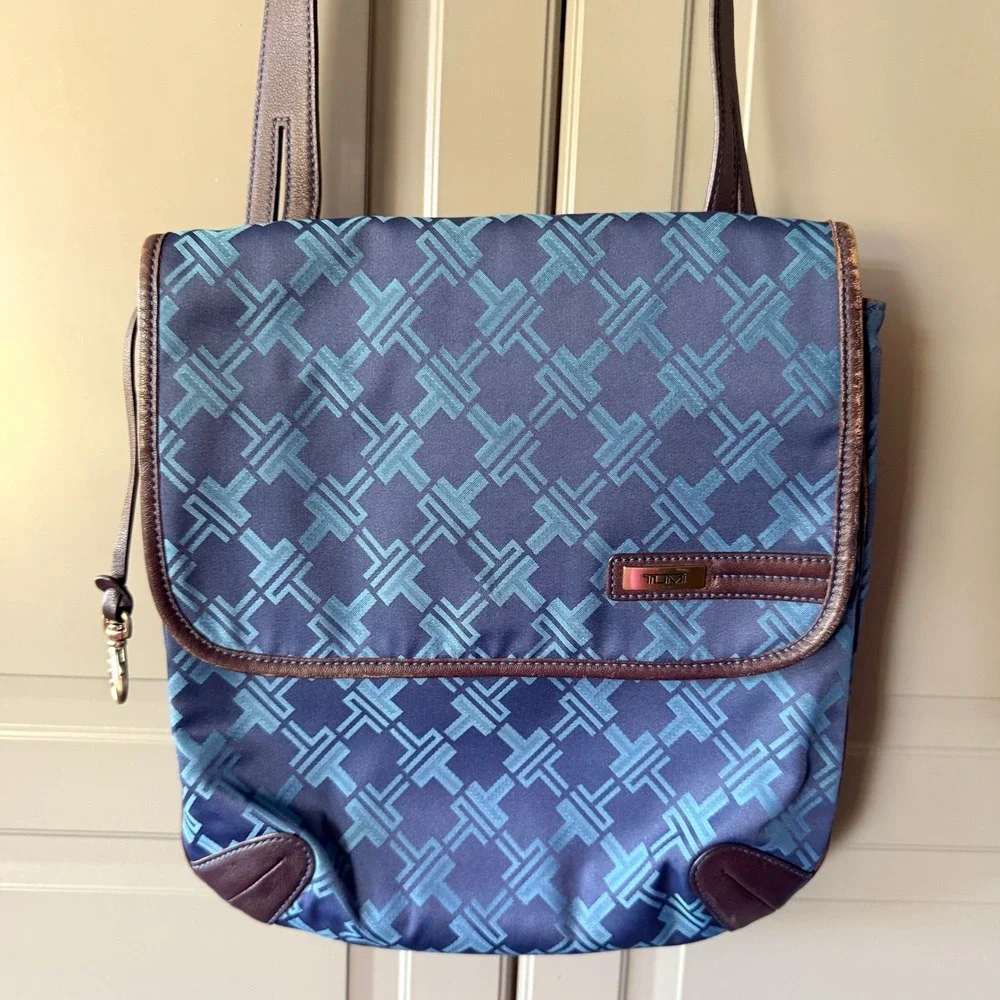 Tumi Blue Jacquard Monogram Leather Trim Crossbody Messenger Bag, Medium